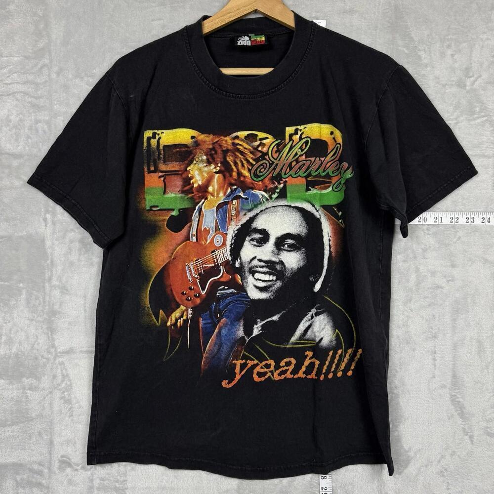 Zion Rootswear Bob Marley Graphic T-Shirt Y2K Reggae Yeah!!! Black M Vintage